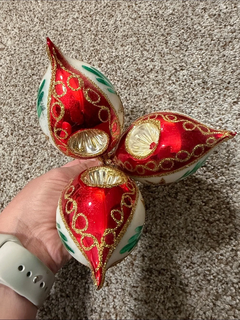 Vintage Polish Glass Christmas Ornaments Indented Reflector Red White 3PC Set